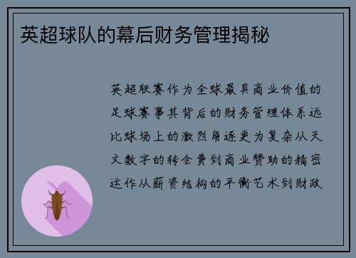 英超球队的幕后财务管理揭秘